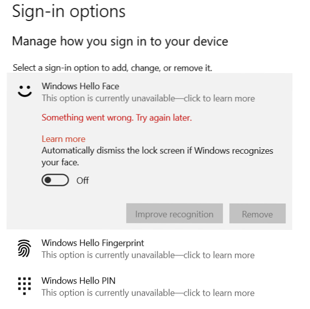 opzione impronta digitale di Windows 10 non disponibile
