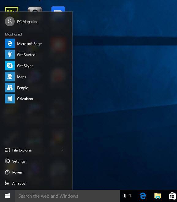 menu di avvio di Windows 10 senza tessere