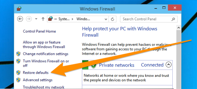 Windows ripristina le impostazioni predefinite del firewall