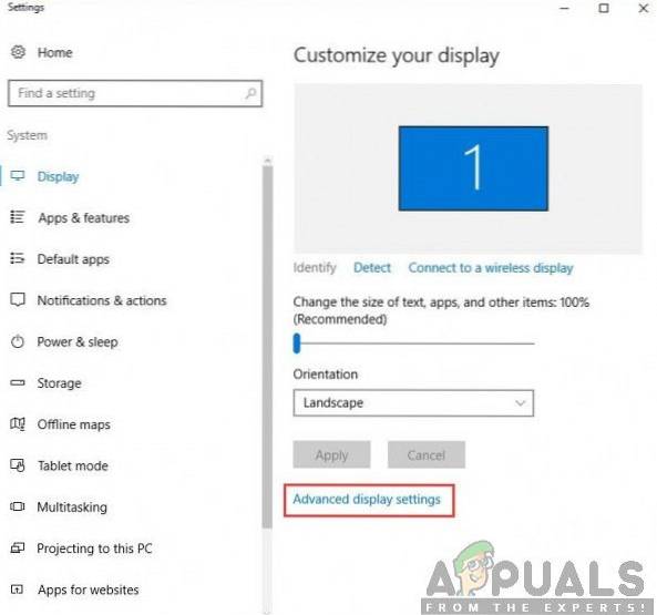 configurações de exibição avançadas do Windows 10