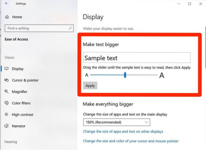 can t change text size windows 10