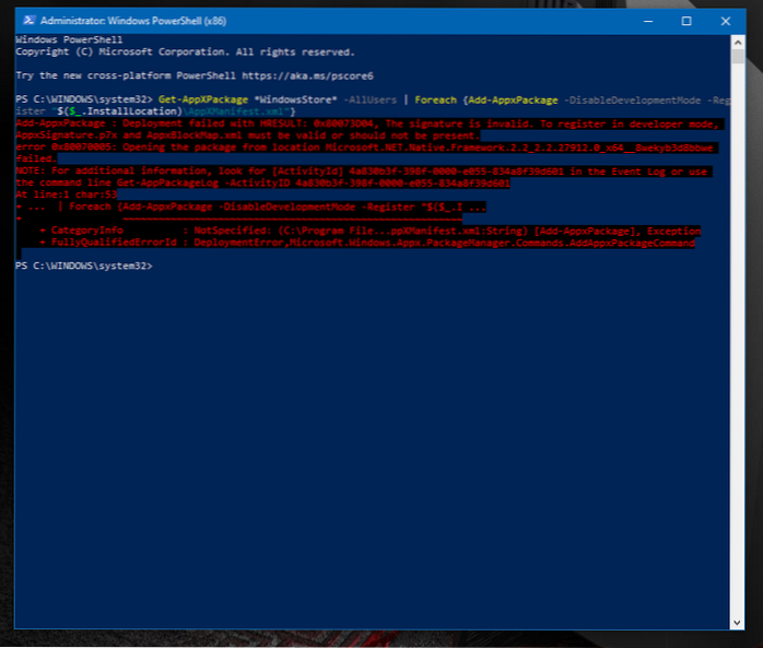 kan ikke installere Windows Store på nytt