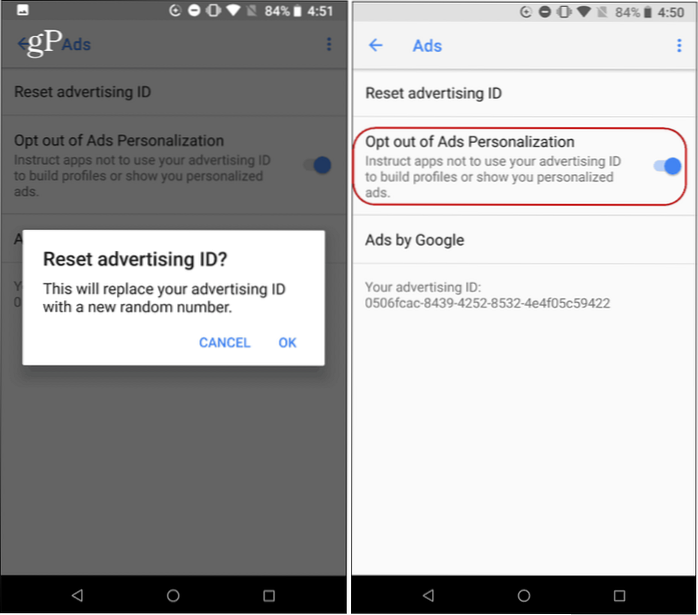 Deaktivieren Sie die Werbe-ID und das Zurücksetzen der Informationen