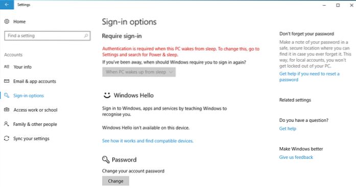 deaktiver passord etter hvilevinduer 10