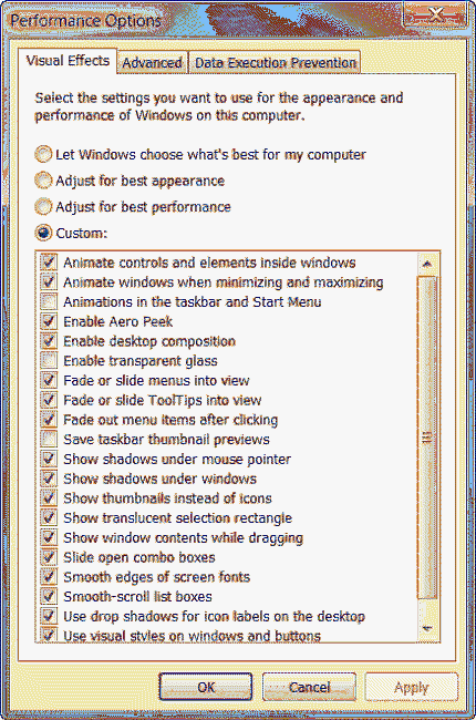 Schakel visuele effecten windows 7 uit
