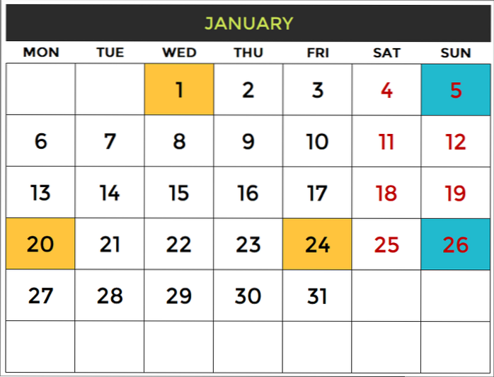 calendário do excel 2020
