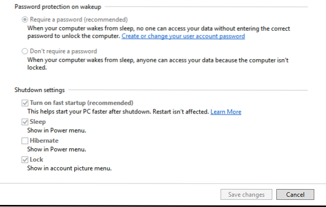 hibernare arată în meniul de alimentare gri