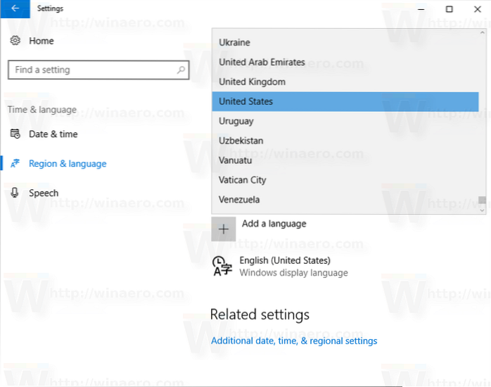 how to change pc region windows 10