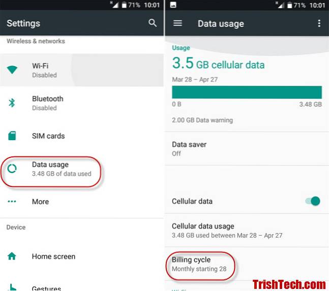 cum se resetează ciclul de utilizare a datelor pe Android
