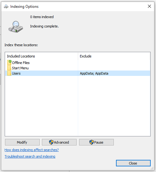 indeksering fungerer ikke windows 10
