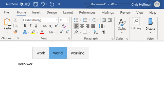microsoft word suggestions while typing