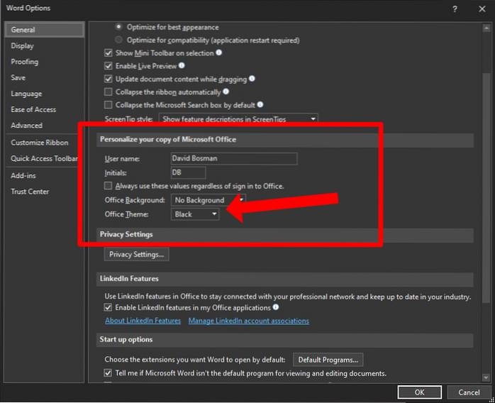 ms word dark mode page