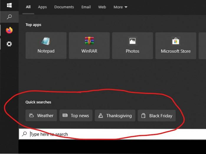 remove quick searches windows 10