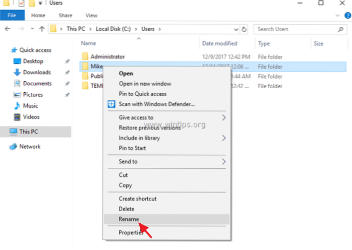 přejmenovat složku uživatele Windows 10 přístup odepřen