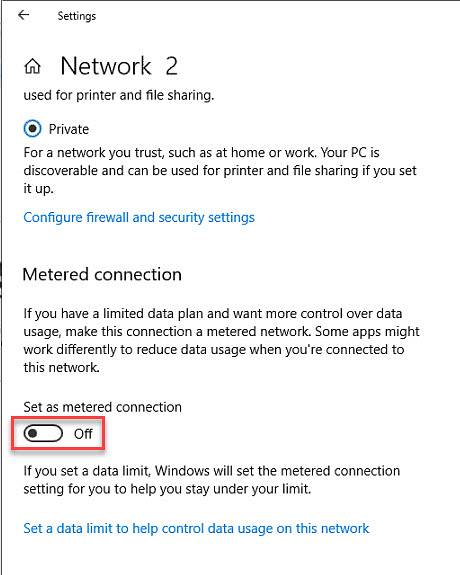 configurare incompletă din cauza unei conexiuni măsurate