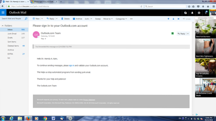 pour continuer à envoyer des messages, veuillez vous connecter et valider votre compte outlook com