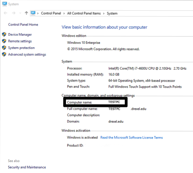 windows 10 sjekk datamaskinnavnet