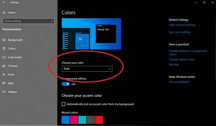 cores do tema escuro do windows 10