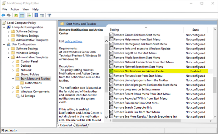 windows 10 désactiver le centre de notification