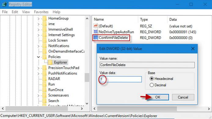 Windows 10 muestra el registro de diálogo de confirmación de eliminación