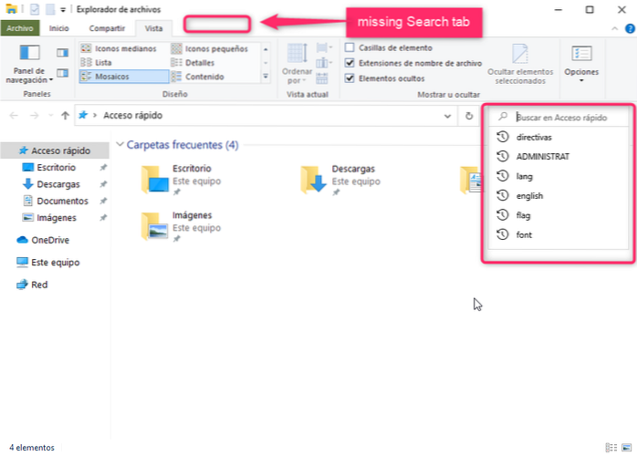 fila de căutare Windows 10 Explorer