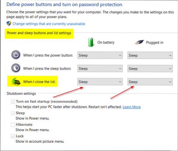 ferestrele 10 hibernează când închideți capacul