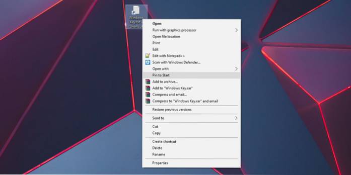 raccourci Windows 10 broches pour démarrer le menu