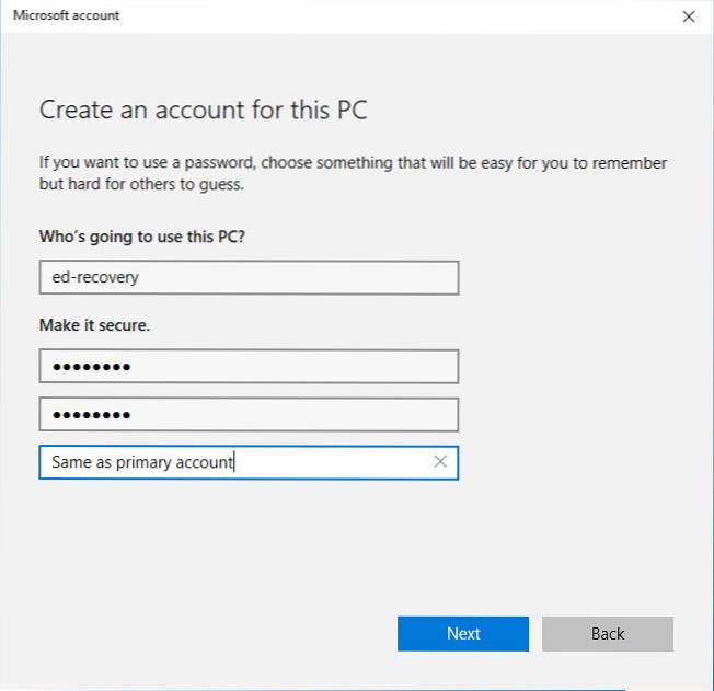 recuperarea Windows 10 creează un utilizator nou