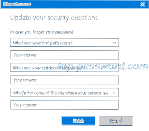 Windows 10 lista de întrebări de securitate