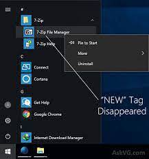 windows 10 start menu remove new'' tag