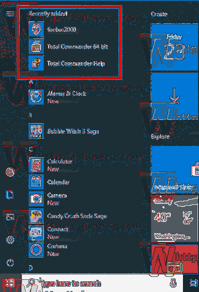 Windows 10 iniciar menu remover adicionado recentemente