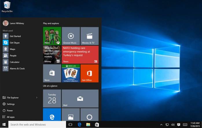 ecranul de pornire Windows 10