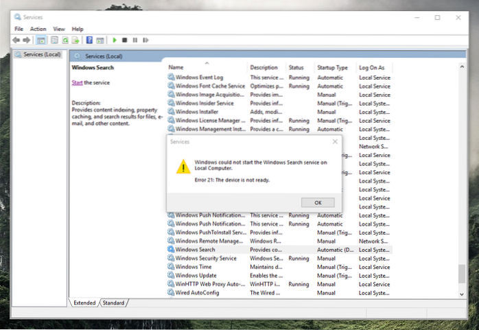 échec du service de recherche Windows