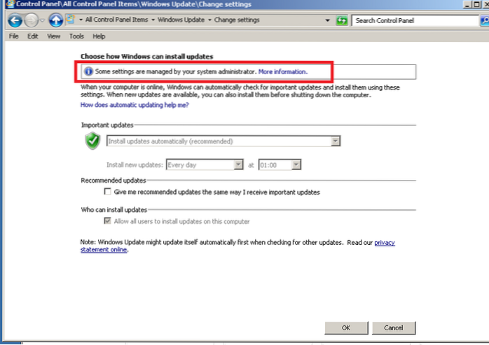 Windows actualiza algunas configuraciones son administradas por su administrador