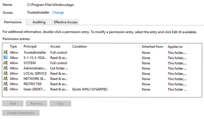uprawnienia przywracania windowsapps
