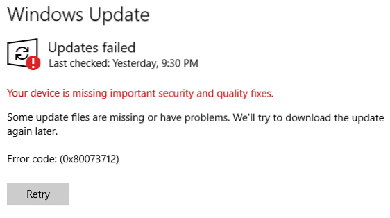 din enhet saknar viktiga säkerhets- och kvalitetskorrigeringar Windows 10