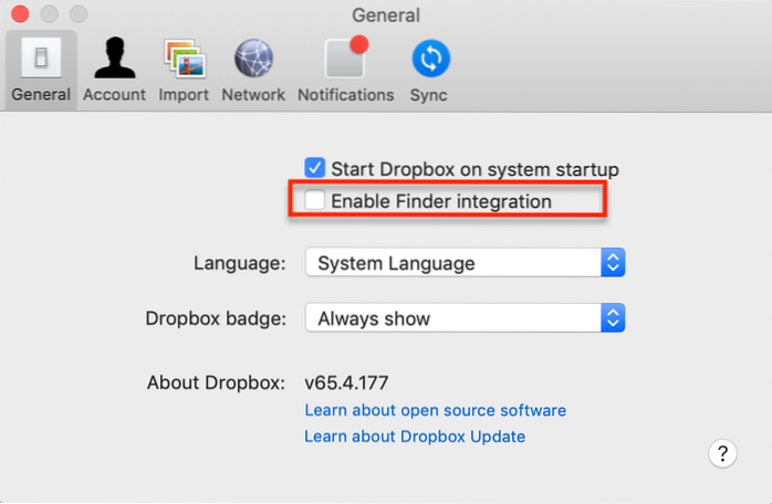 disabilitare l'integrazione del cercatore di dropbox