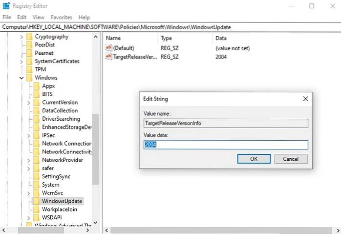 deshabilitar la actualización de funciones del registro de Windows 10
