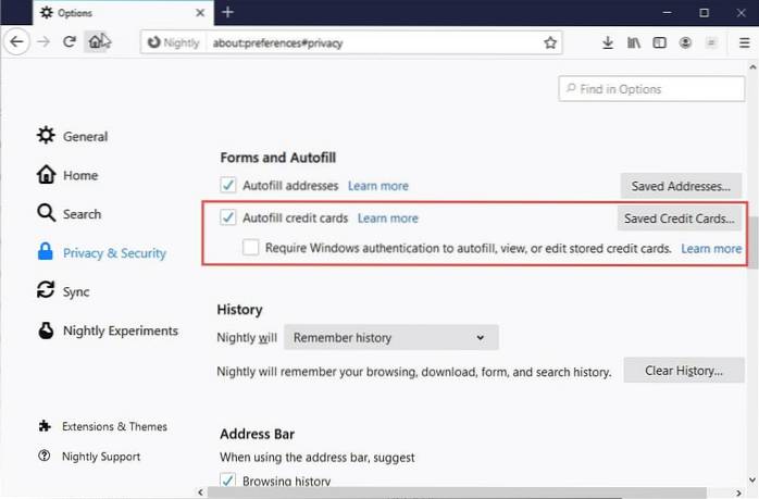 firefox ha salvato le carte di credito