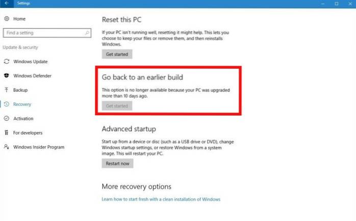 hur man återställer uppdatering av Windows 10 efter 10 dagar