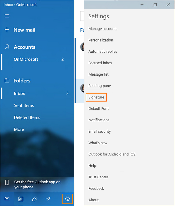mail til Windows 10 underskrift