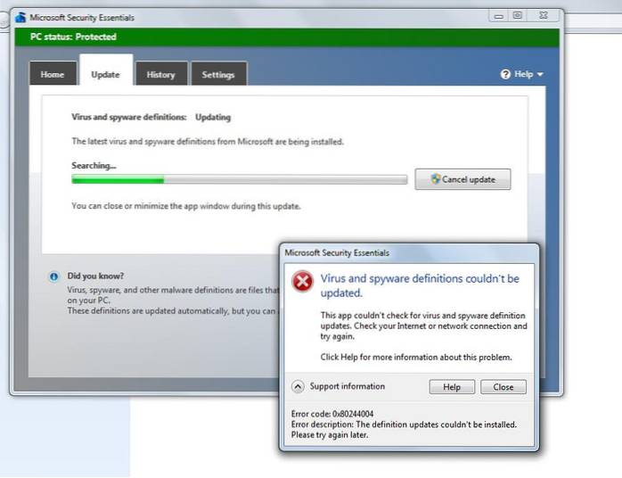 Microsoft Security Essentials Windows 7 opdateringsfejl