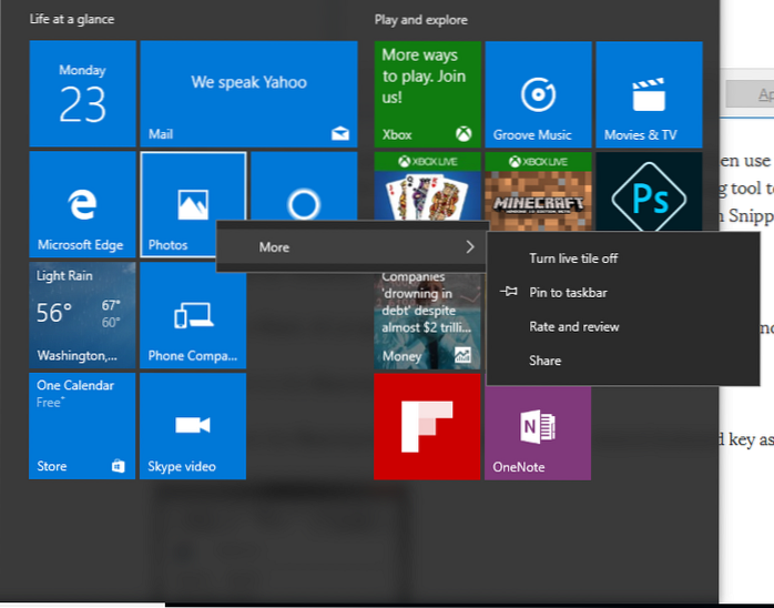 aucune option pour détacher du menu de démarrage windows 10