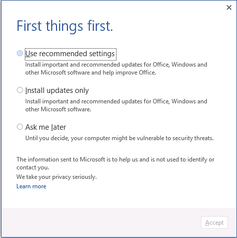 escritório 2016 desabilitar a janela de primeiras coisas