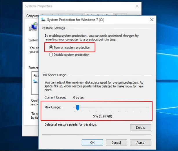 Utilizzo dello spazio su disco per la protezione del sistema PowerShell