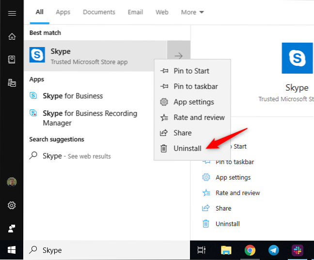 odebrat skype pro podnikání z hlavního panelu