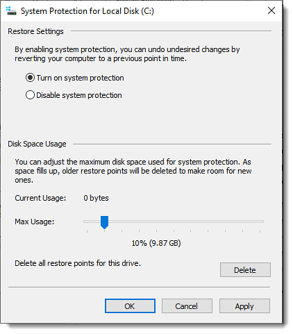 utilizzo dello spazio su disco per la protezione del sistema