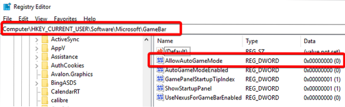 disattiva il registro di Windows 10 in modalità gioco