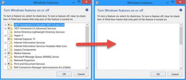włącz lub wyłącz funkcje systemu Windows puste