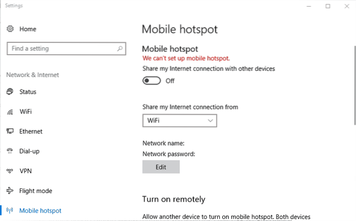 vi kan ikke sette opp hotspot windows 10